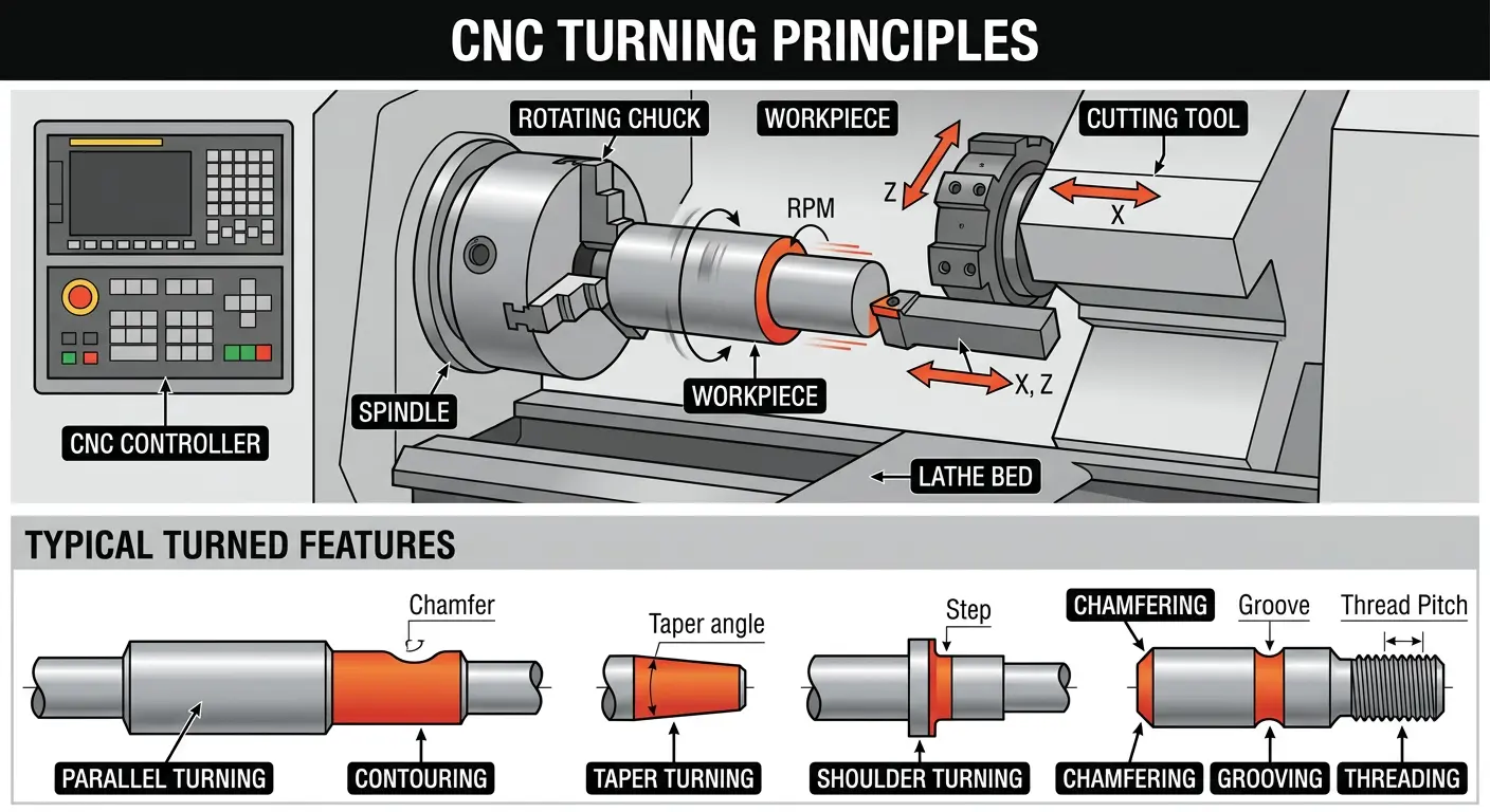 Diagram showing how CNC turning works with labeled parts including rotating chuck, workpiece, cutting tool, and typical turned features